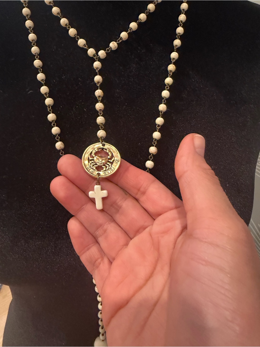 Katia Designs White Beaded Rosary-Style Cross Necklace with Gold Medallion